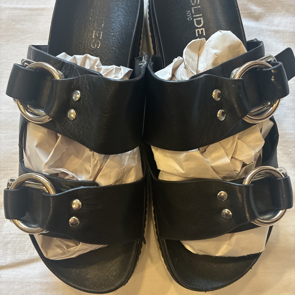 Jslides Women's Size 8 1/2 Leather Double Buckle Sandals Black - Picture 4 of 9